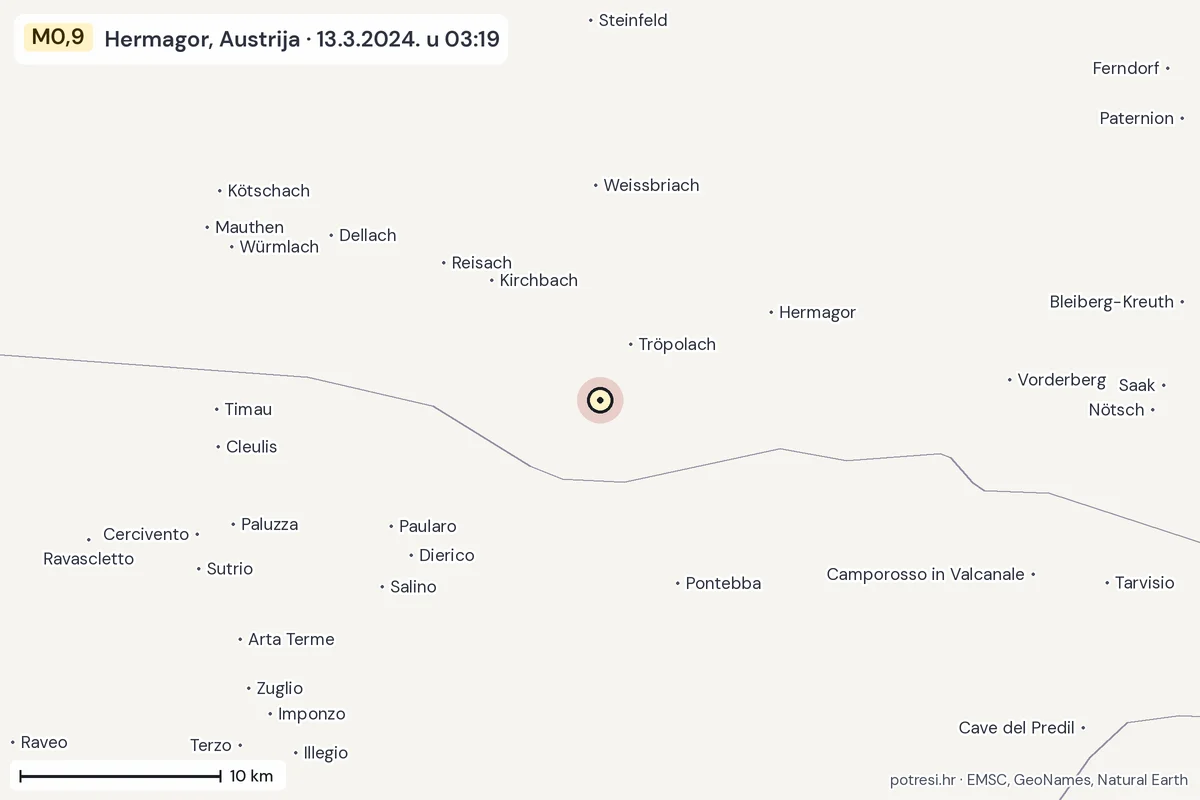 Karta: okolica epicentra, 60 km, potres M0,9, Hermagor, Austrija, 13.3.2024.