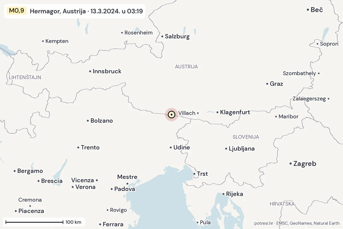 Karta: šire područje, 600 km, potres M0,9, Hermagor, Austrija, 13.3.2024.