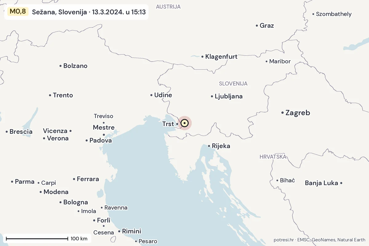 Karta: šire područje, 600 km, potres M0,8, Sežana, Slovenija, 13.3.2024.