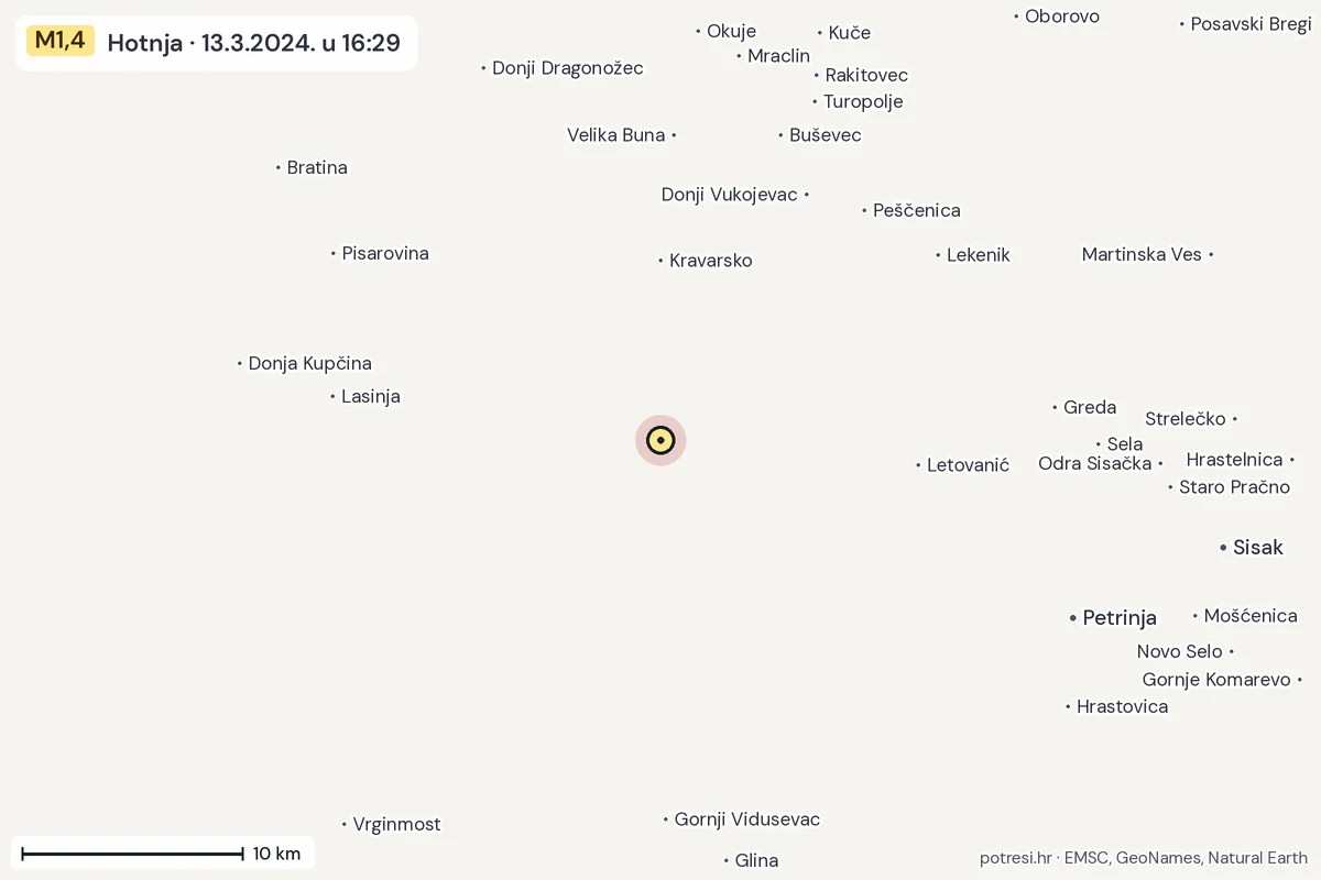 Karta: okolica epicentra, 60 km, potres M1,4, Hotnja, 13.3.2024.