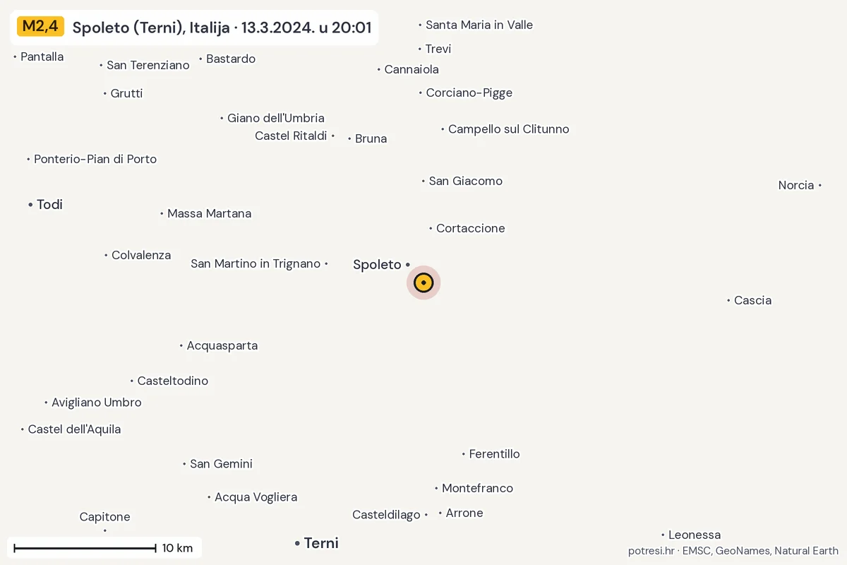 Karta: okolica epicentra, 60 km, potres M2,4, Spoleto (Terni), Italija, 13.3.2024.