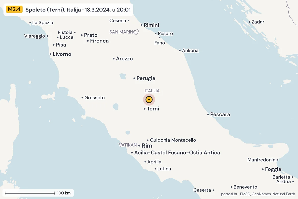 Karta: šire područje, 600 km, potres M2,4, Spoleto (Terni), Italija, 13.3.2024.