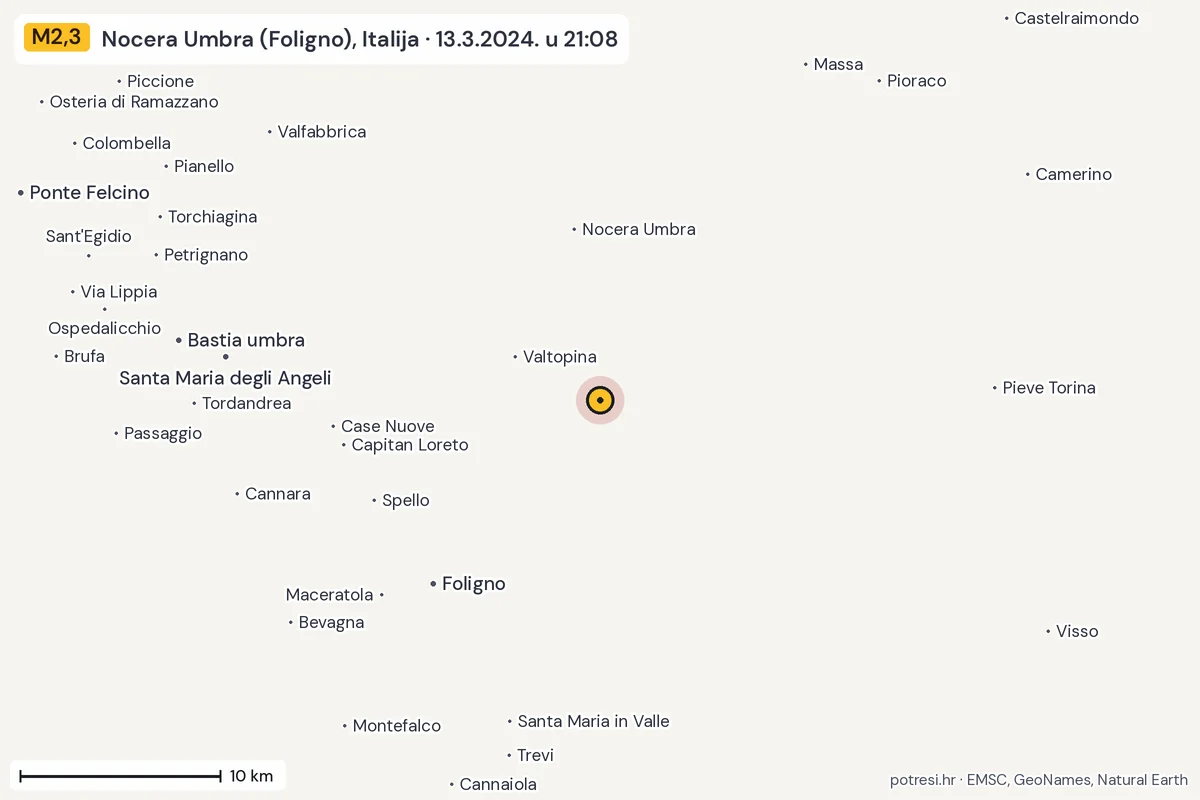 Karta: okolica epicentra, 60 km, potres M2,3, Nocera Umbra (Foligno), Italija, 13.3.2024.