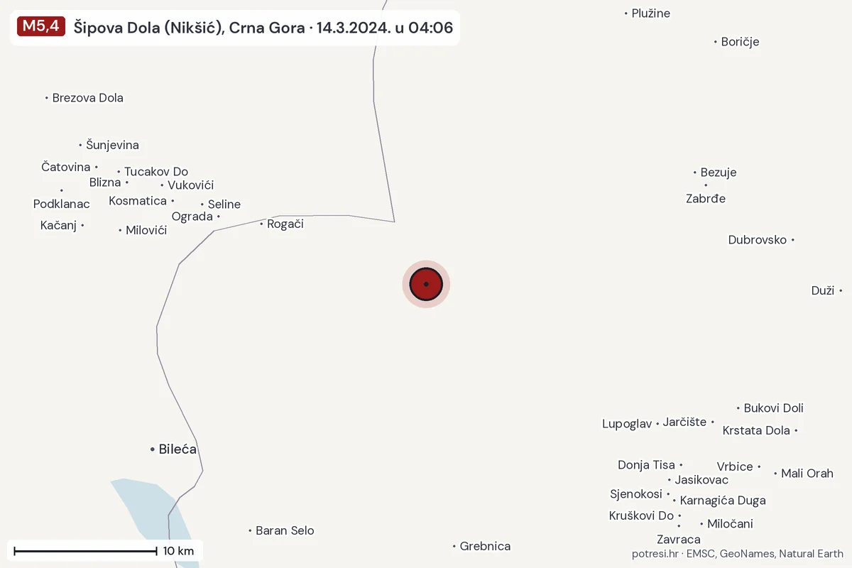 Karta: okolica epicentra, 60 km, potres M5,4, Šipova Dola (Nikšić), Crna Gora, 14.3.2024.