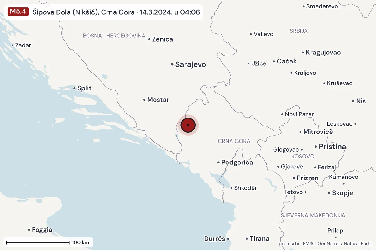 Karta: šire područje, 600 km, potres M5,4, Šipova Dola (Nikšić), Crna Gora, 14.3.2024.