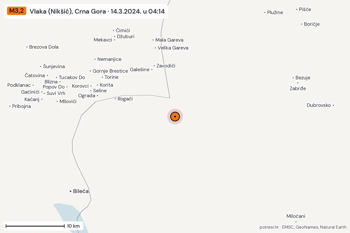 Karta: okolica epicentra, 60 km, potres M3,2, Vlaka (Nikšić), Crna Gora, 14.3.2024.