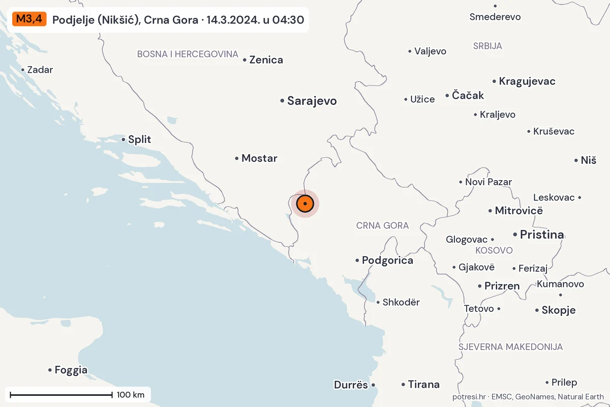 Karta: šire područje, 600 km, potres M3,4, Podjelje (Nikšić), Crna Gora, 14.3.2024.