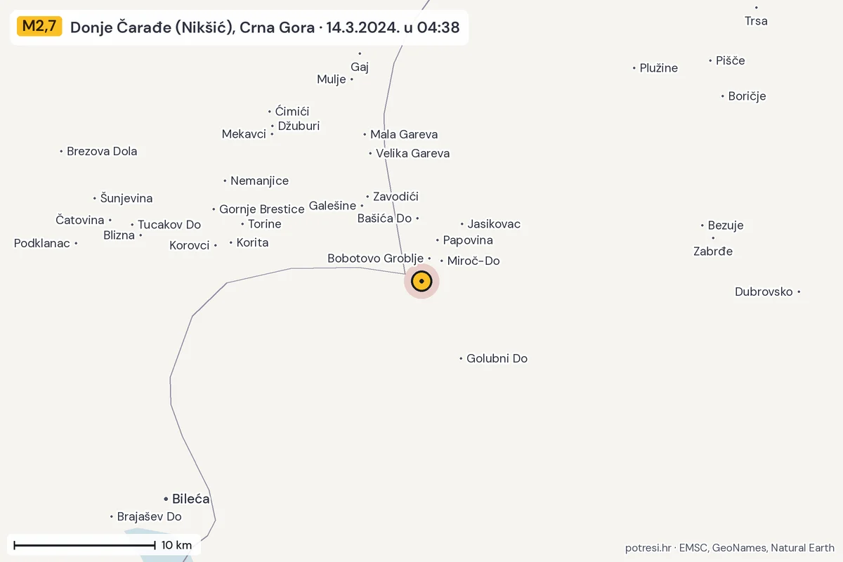 Karta: okolica epicentra, 60 km, potres M2,7, Donje Čarađe (Nikšić), Crna Gora, 14.3.2024.