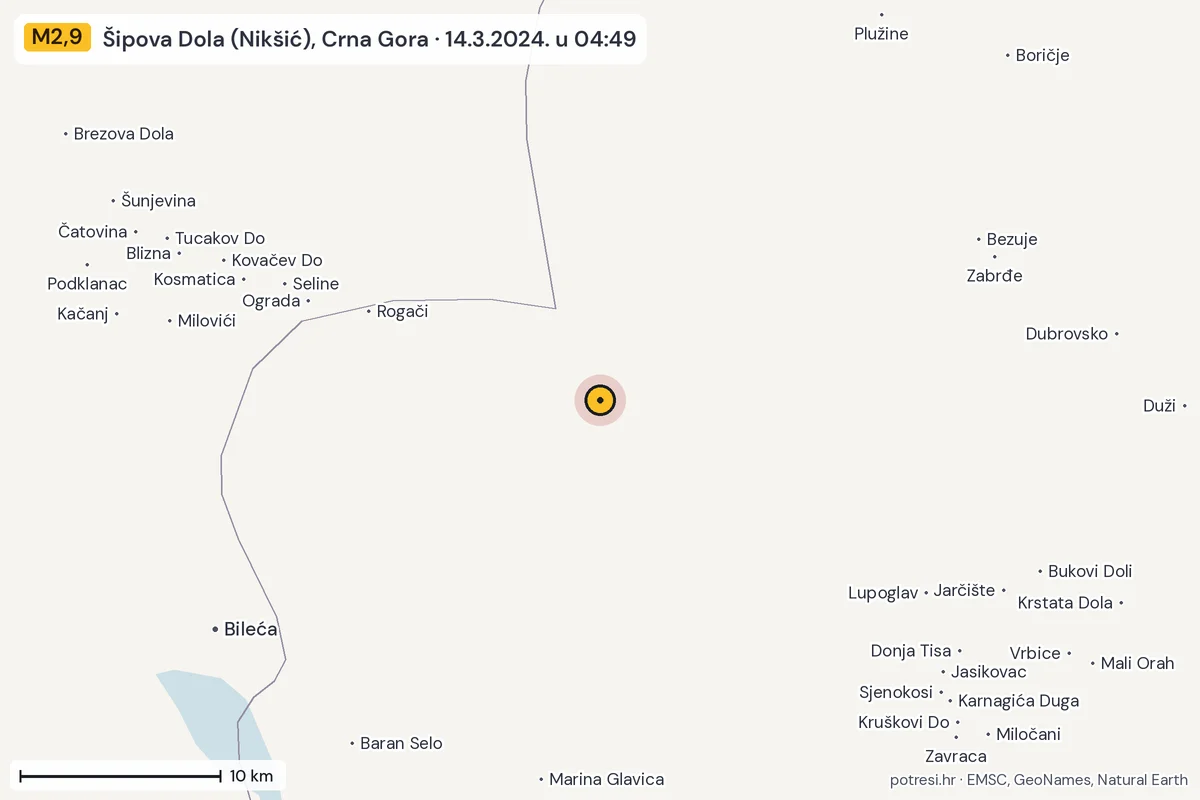 Karta: okolica epicentra, 60 km, potres M2,9, Šipova Dola (Nikšić), Crna Gora, 14.3.2024.