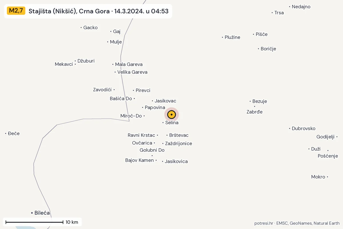 Karta: okolica epicentra, 60 km, potres M2,7, Stajišta (Nikšić), Crna Gora, 14.3.2024.