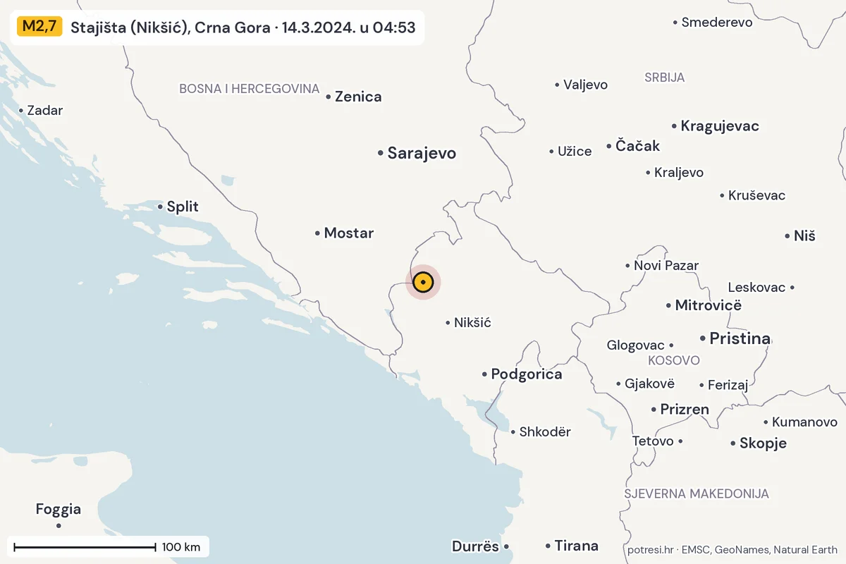 Karta: šire područje, 600 km, potres M2,7, Stajišta (Nikšić), Crna Gora, 14.3.2024.