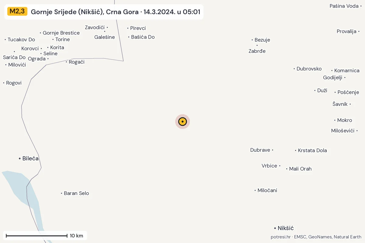 Karta: okolica epicentra, 60 km, potres M2,3, Gornje Srijede (Nikšić), Crna Gora, 14.3.2024.
