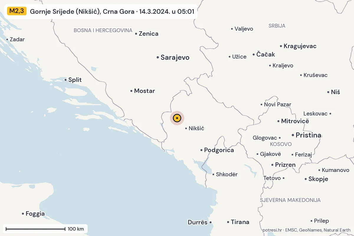 Karta: šire područje, 600 km, potres M2,3, Gornje Srijede (Nikšić), Crna Gora, 14.3.2024.