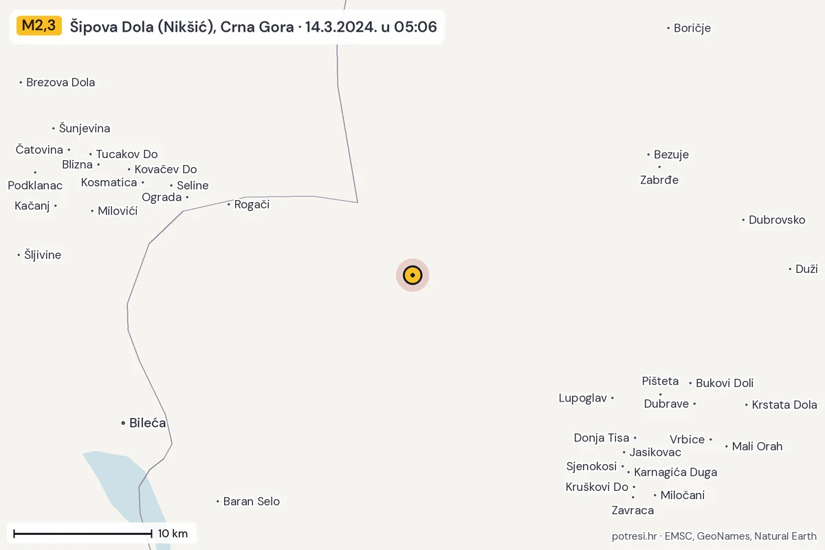 Karta: okolica epicentra, 60 km, potres M2,3, Šipova Dola (Nikšić), Crna Gora, 14.3.2024.