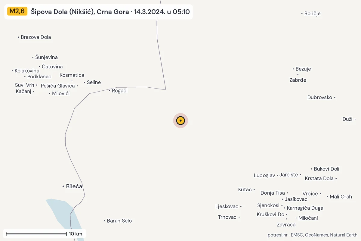 Karta: okolica epicentra, 60 km, potres M2,6, Šipova Dola (Nikšić), Crna Gora, 14.3.2024.