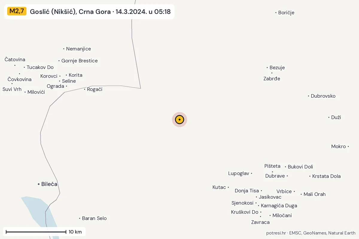 Karta: okolica epicentra, 60 km, potres M2,7, Goslić (Nikšić), Crna Gora, 14.3.2024.