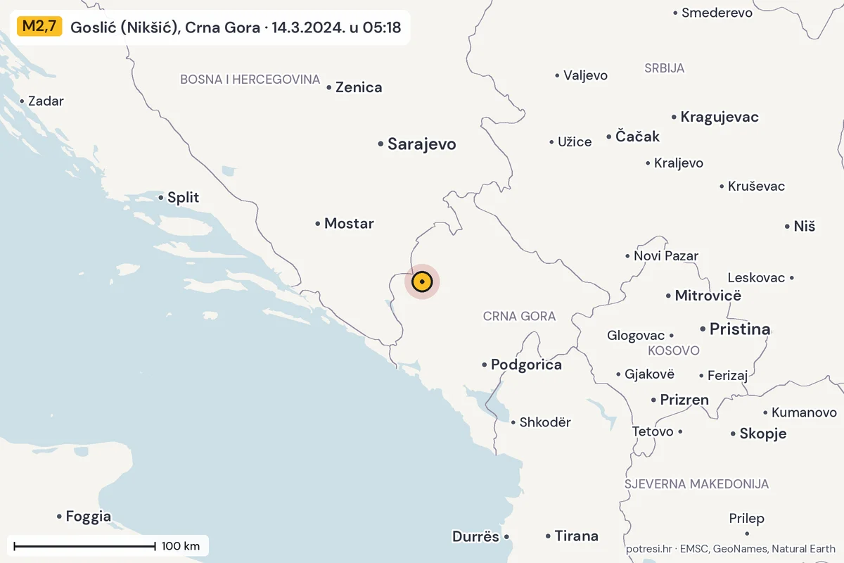 Karta: šire područje, 600 km, potres M2,7, Goslić (Nikšić), Crna Gora, 14.3.2024.