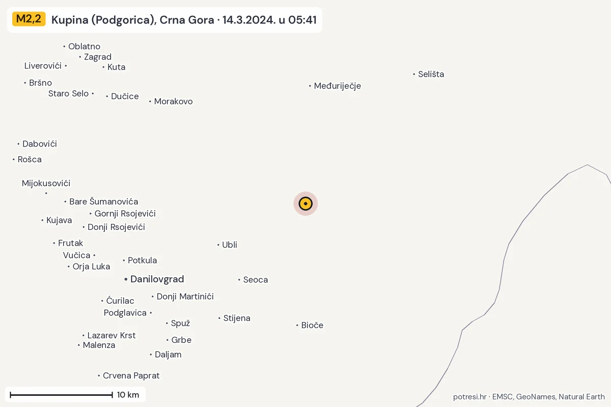 Karta: okolica epicentra, 60 km, potres M2,2, Kupina (Podgorica), Crna Gora, 14.3.2024.