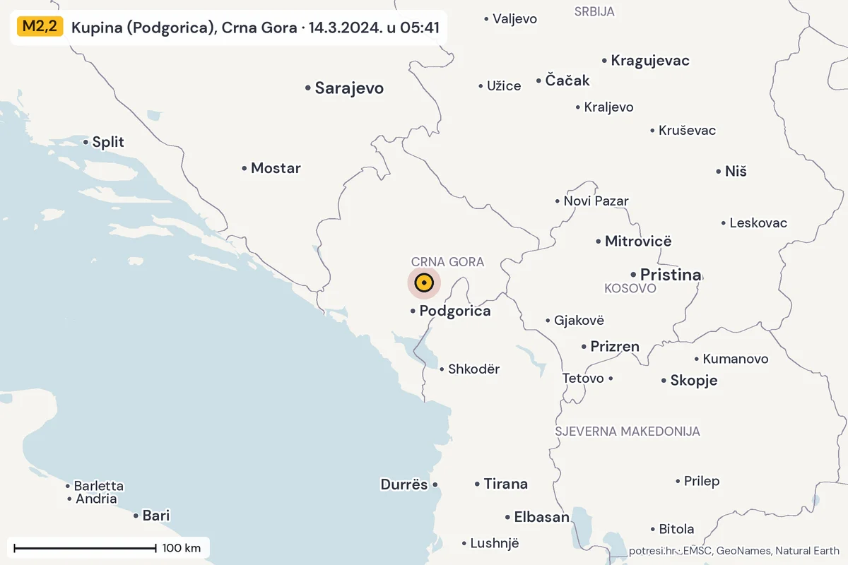 Karta: šire područje, 600 km, potres M2,2, Kupina (Podgorica), Crna Gora, 14.3.2024.