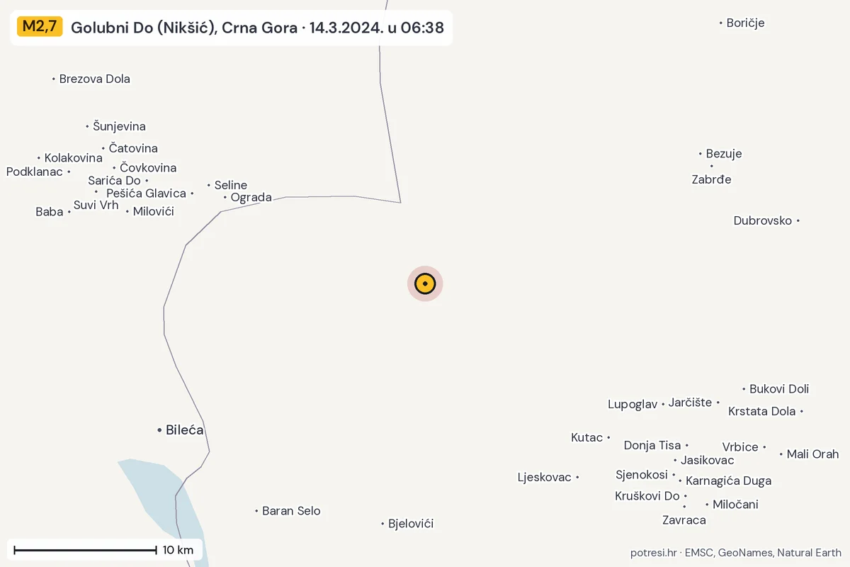 Karta: okolica epicentra, 60 km, potres M2,7, Golubni Do (Nikšić), Crna Gora, 14.3.2024.
