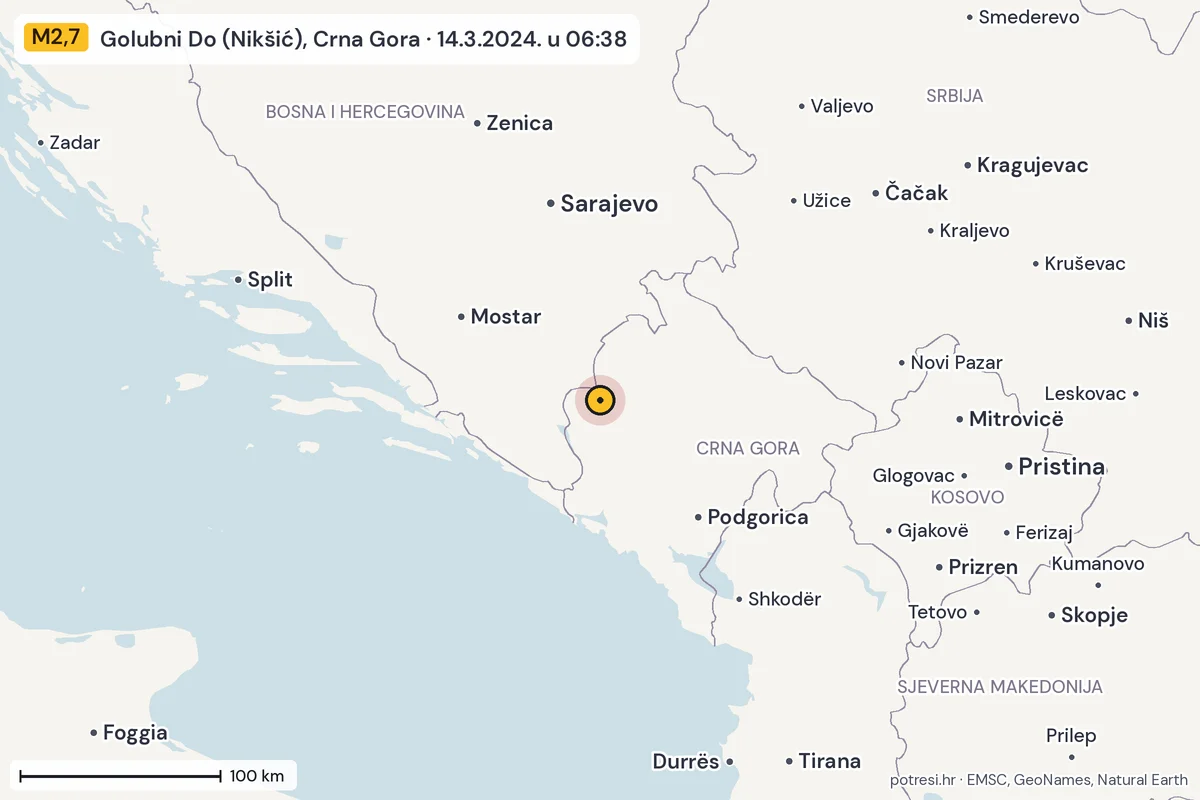 Karta: šire područje, 600 km, potres M2,7, Golubni Do (Nikšić), Crna Gora, 14.3.2024.