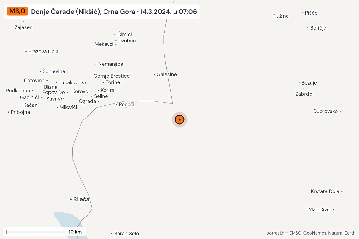 Karta: okolica epicentra, 60 km, potres M3,0, Donje Čarađe (Nikšić), Crna Gora, 14.3.2024.
