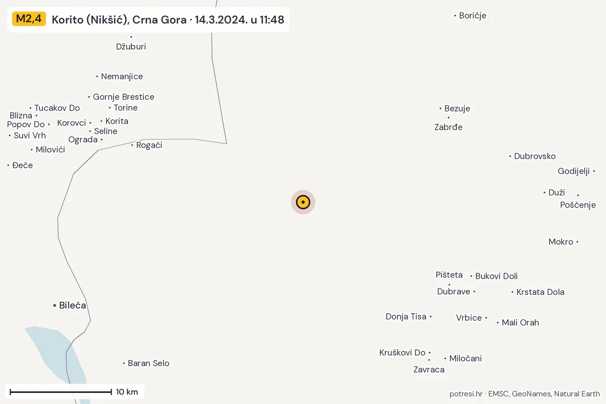 Karta: okolica epicentra, 60 km, potres M2,4, Korito (Nikšić), Crna Gora, 14.3.2024.