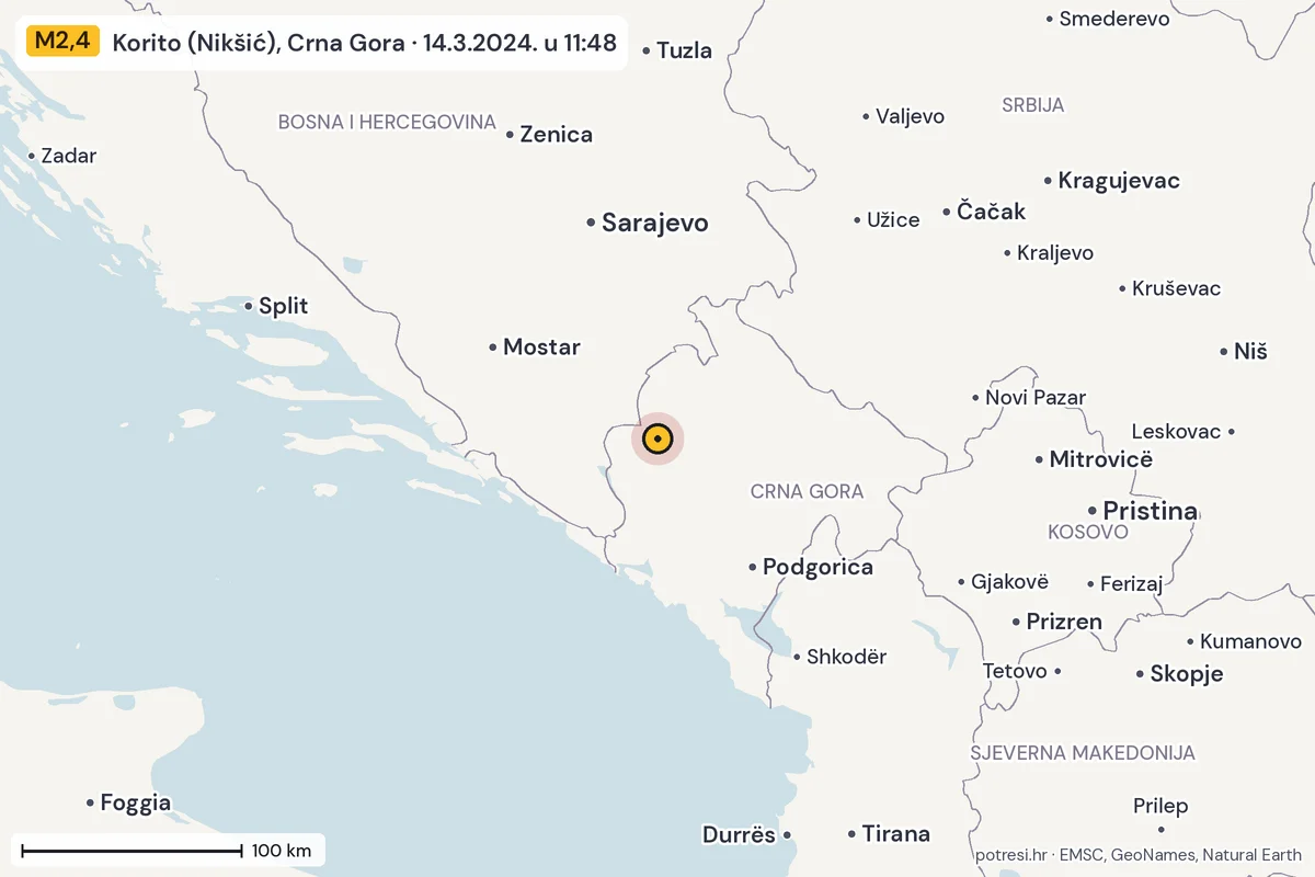 Karta: šire područje, 600 km, potres M2,4, Korito (Nikšić), Crna Gora, 14.3.2024.