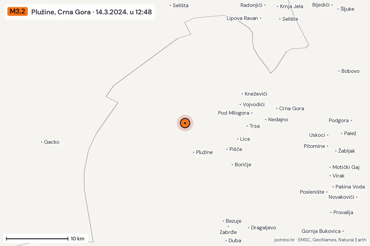 Karta: okolica epicentra, 60 km, potres M3,2, Plužine, Crna Gora, 14.3.2024.
