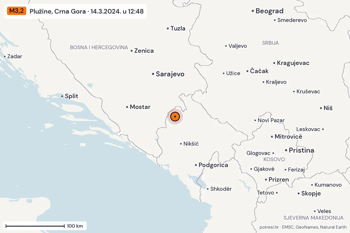 Karta: šire područje, 600 km, potres M3,2, Plužine, Crna Gora, 14.3.2024.