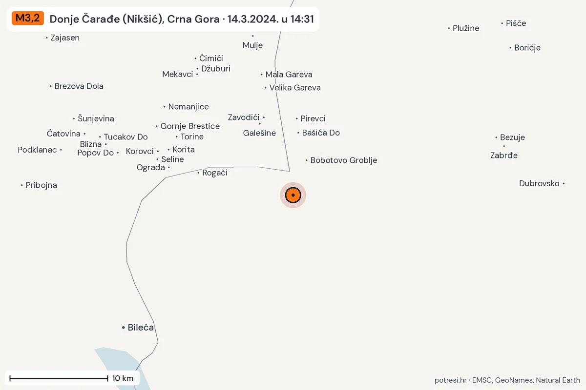 Karta: okolica epicentra, 60 km, potres M3,2, Donje Čarađe (Nikšić), Crna Gora, 14.3.2024.