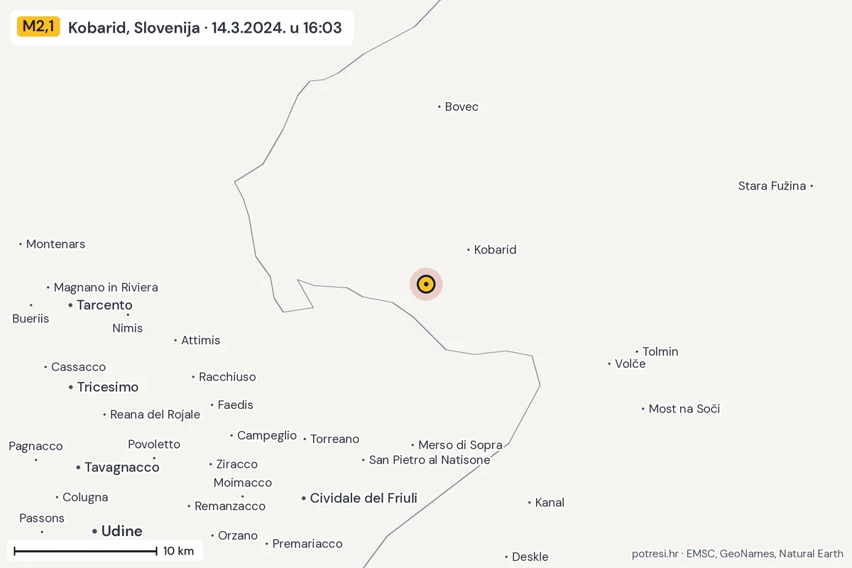 Karta: okolica epicentra, 60 km, potres M2,1, Kobarid, Slovenija, 14.3.2024.