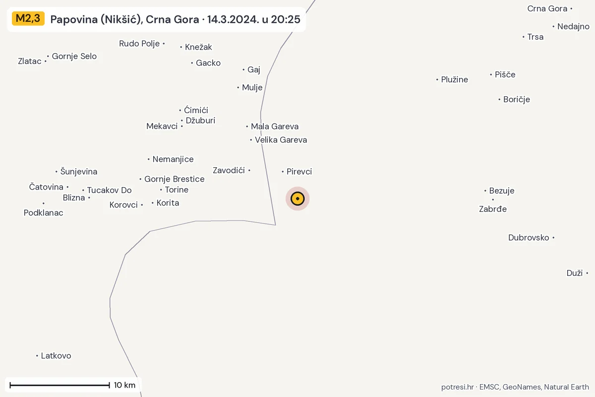 Karta: okolica epicentra, 60 km, potres M2,3, Papovina (Nikšić), Crna Gora, 14.3.2024.