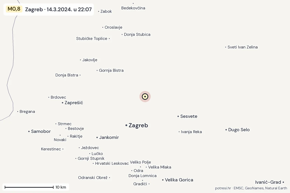 Karta: okolica epicentra, 60 km, potres M0,8, Zagreb, 14.3.2024.