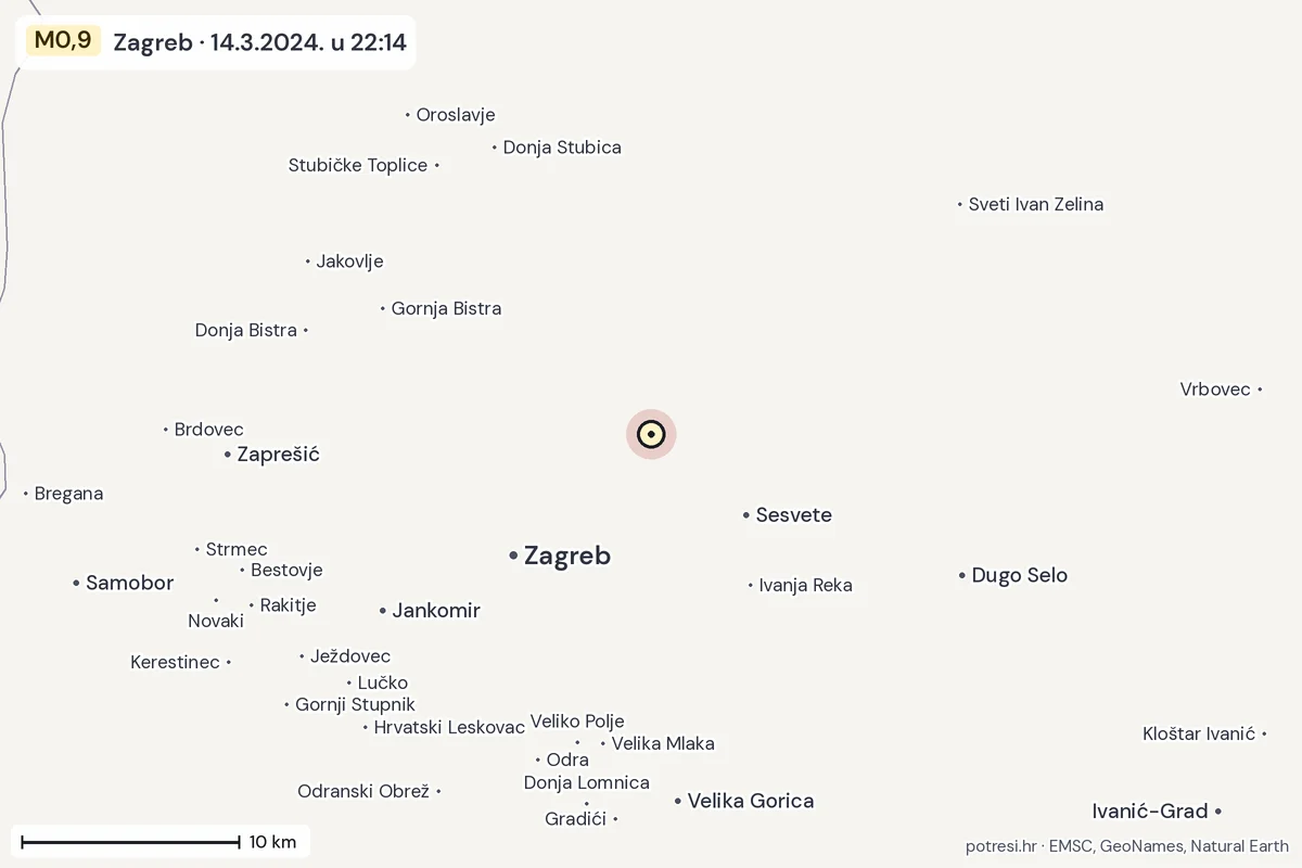 Karta: okolica epicentra, 60 km, potres M0,9, Zagreb, 14.3.2024.