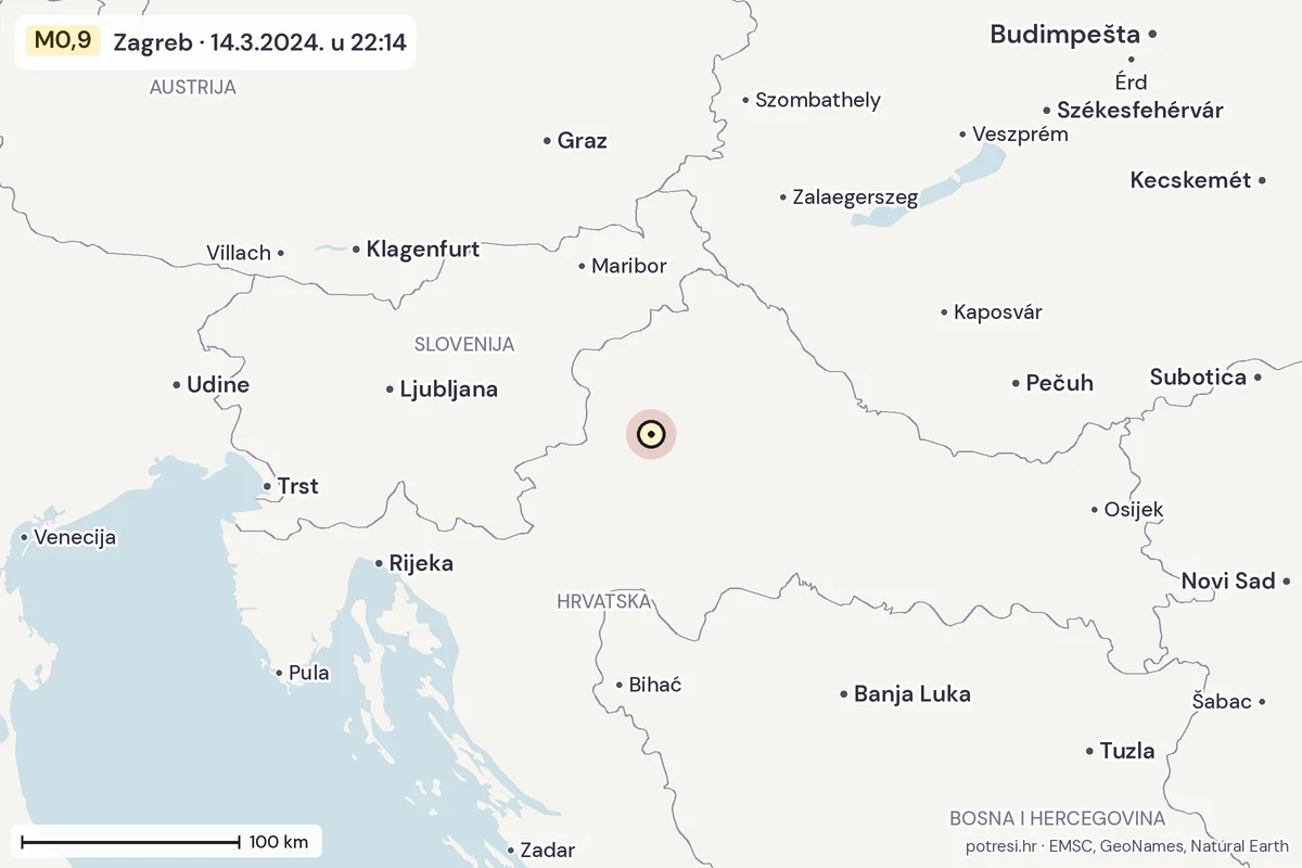 Karta: šire područje, 600 km, potres M0,9, Zagreb, 14.3.2024.
