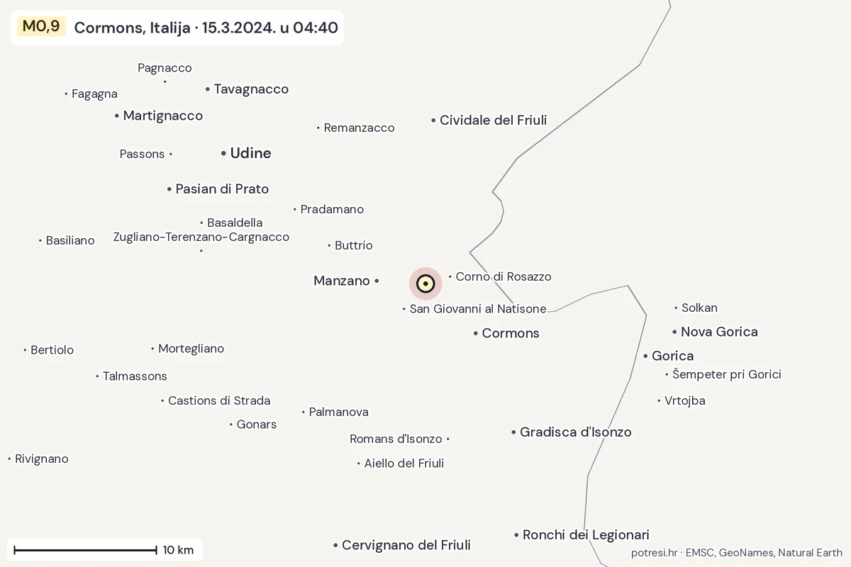 Karta: okolica epicentra, 60 km, potres M0,9, Cormons, Italija, 15.3.2024.