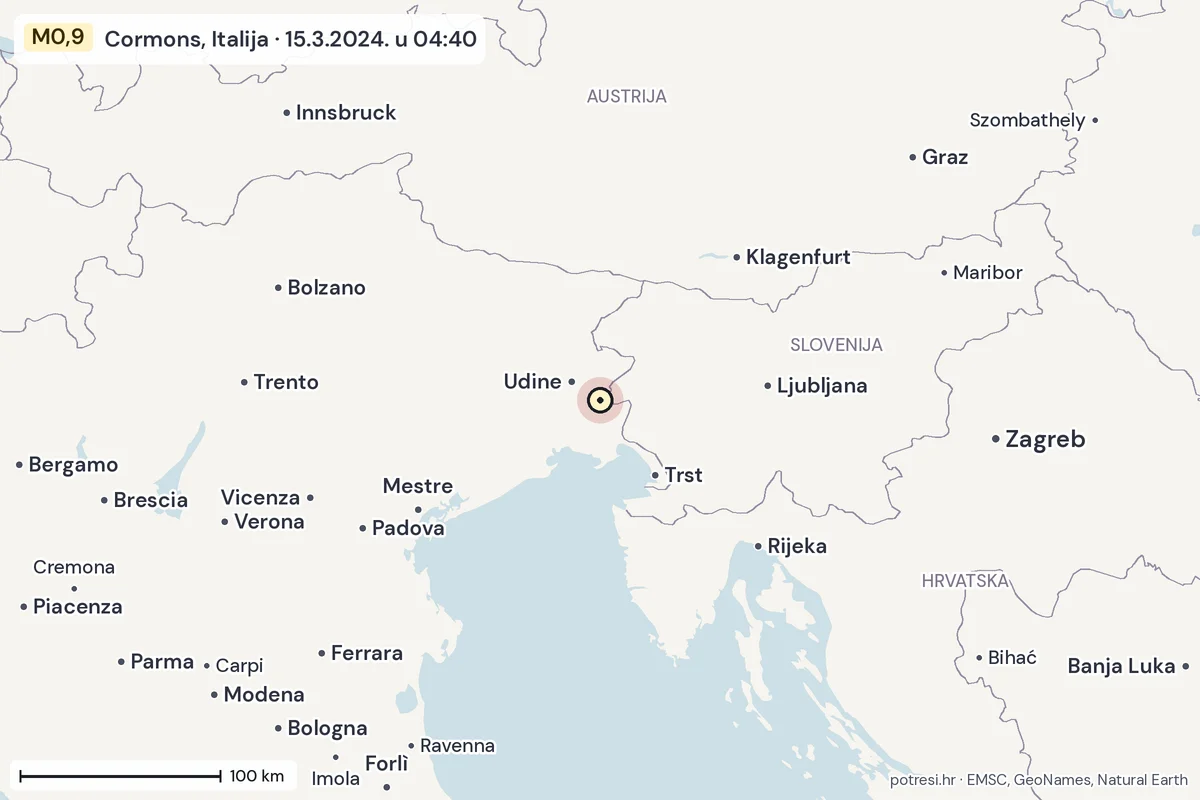 Karta: šire područje, 600 km, potres M0,9, Cormons, Italija, 15.3.2024.