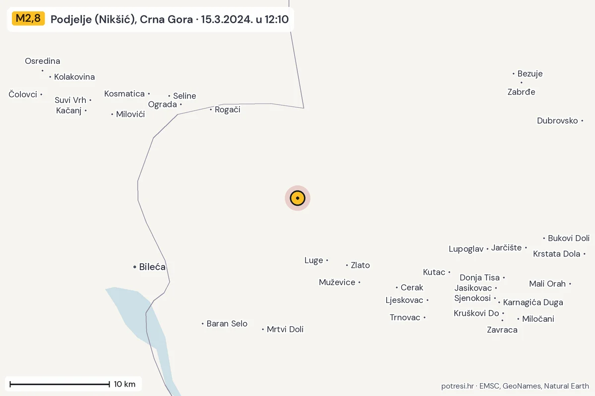 Karta: okolica epicentra, 60 km, potres M2,8, Podjelje (Nikšić), Crna Gora, 15.3.2024.