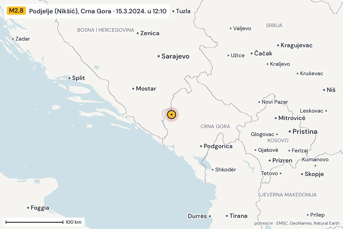 Karta: šire područje, 600 km, potres M2,8, Podjelje (Nikšić), Crna Gora, 15.3.2024.