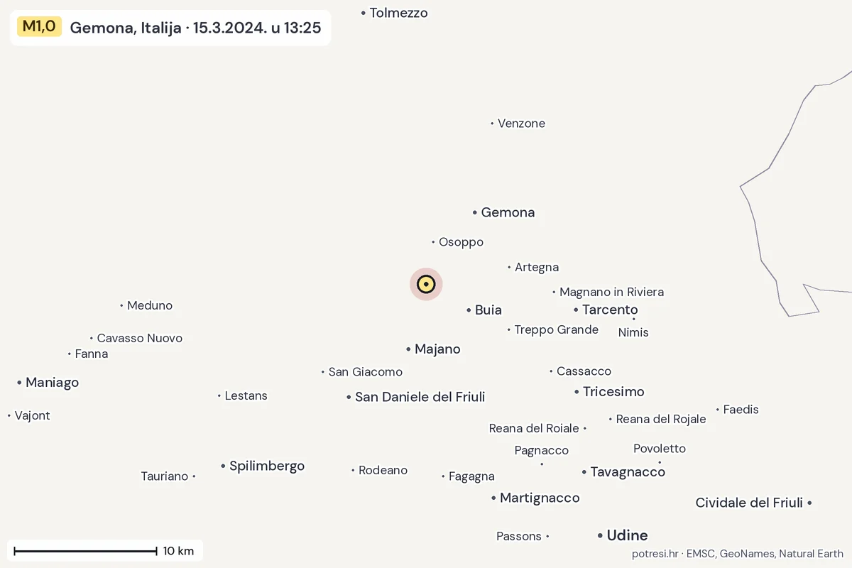 Karta: okolica epicentra, 60 km, potres M1,0, Gemona, Italija, 15.3.2024.