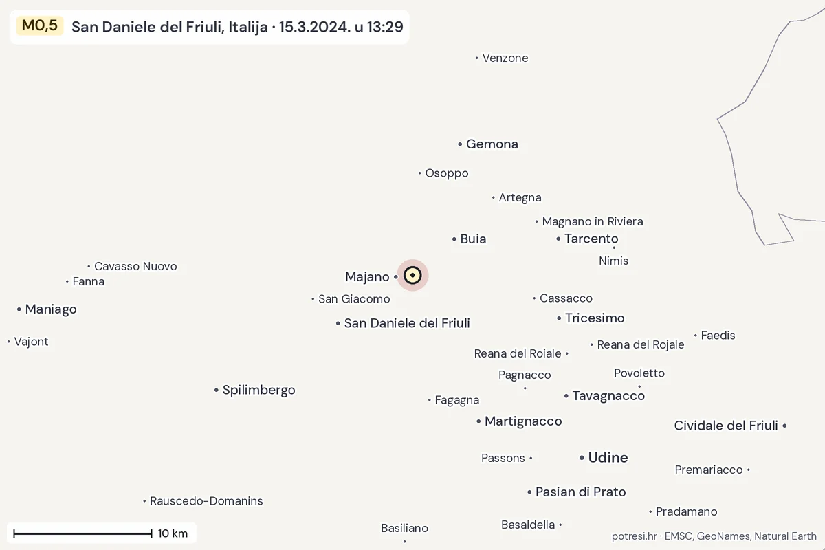 Karta: okolica epicentra, 60 km, potres M0,5, San Daniele del Friuli, Italija, 15.3.2024.