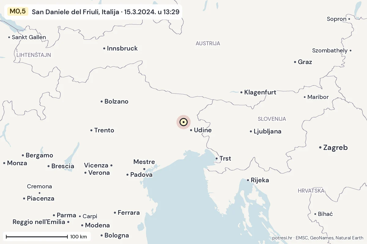 Karta: šire područje, 600 km, potres M0,5, San Daniele del Friuli, Italija, 15.3.2024.