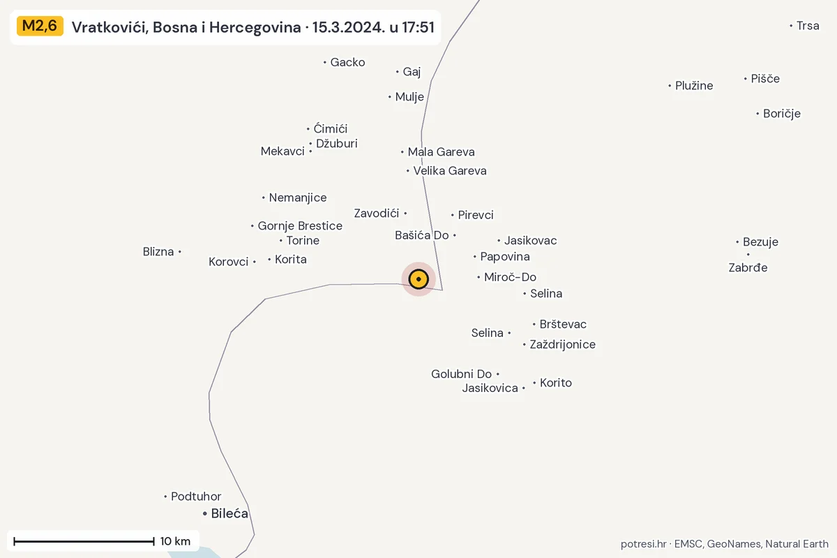 Karta: okolica epicentra, 60 km, potres M2,6, Vratkovići, Bosna i Hercegovina, 15.3.2024.