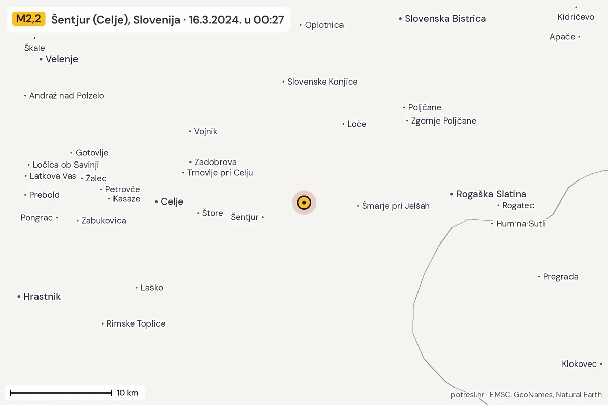 Karta: okolica epicentra, 60 km, potres M2,2, Šentjur (Celje), Slovenija, 16.3.2024.