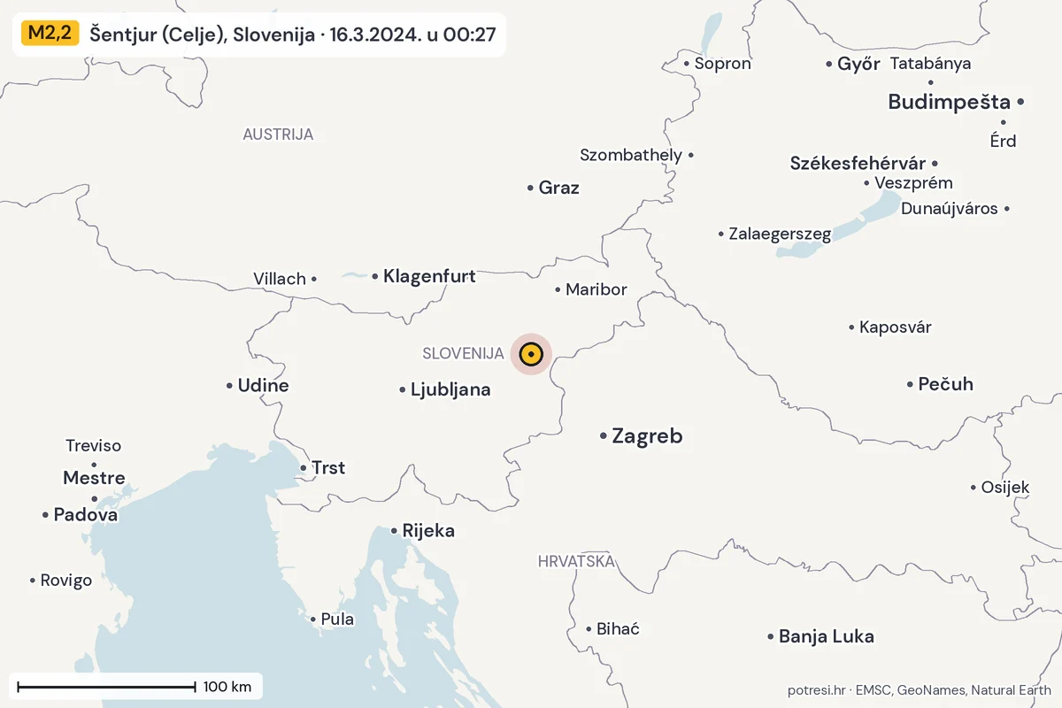 Karta: šire područje, 600 km, potres M2,2, Šentjur (Celje), Slovenija, 16.3.2024.