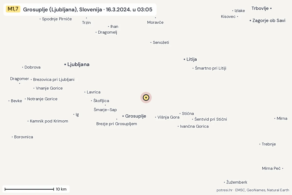 Karta: okolica epicentra, 60 km, potres M1,7, Grosuplje (Ljubljana), Slovenija, 16.3.2024.