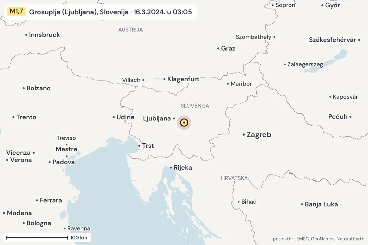 Karta: šire područje, 600 km, potres M1,7, Grosuplje (Ljubljana), Slovenija, 16.3.2024.