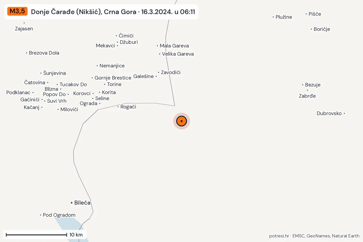 Karta: okolica epicentra, 60 km, potres M3,5, Donje Čarađe (Nikšić), Crna Gora, 16.3.2024.