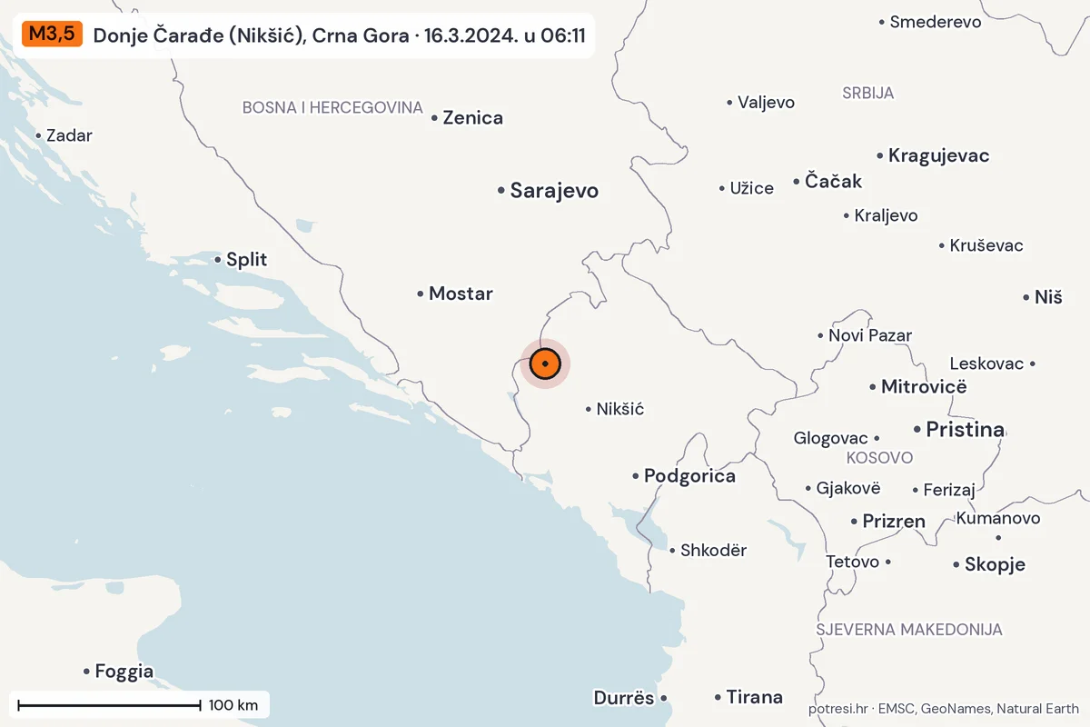 Karta: šire područje, 600 km, potres M3,5, Donje Čarađe (Nikšić), Crna Gora, 16.3.2024.